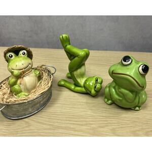 Vintage Frog Figurine Bundle of 3 Green Hong Kong Figure Ceramic